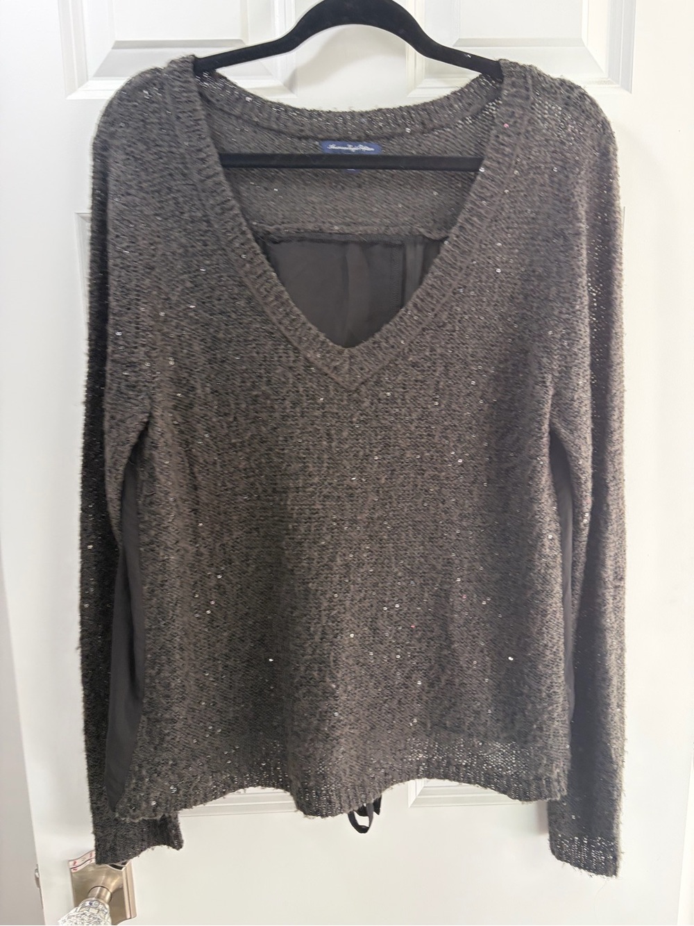 American Eagle Black Woven Sequin Blend V-Neck Sweater with Shear Backside